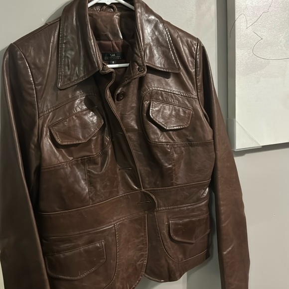 /id Collection Brown Leather Jacket Sz 12 Retro Style Tapered Blazer Coat - Picture 1 of 6